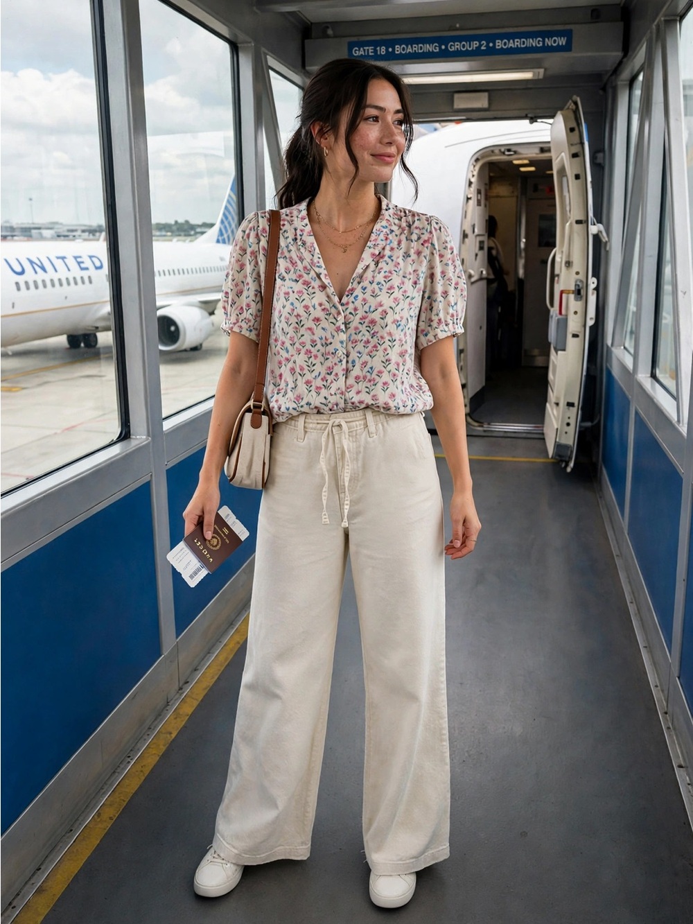 American Eagle Outfitters Cream Wide-Leg Drawstring Jeans